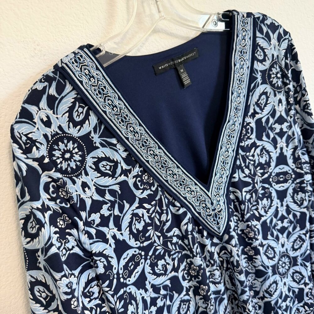 WHBM Long Sleeve Embroidered V-Neck Stretch Blue/White Geo Floral Dress Size M. - Picture 4 of 8